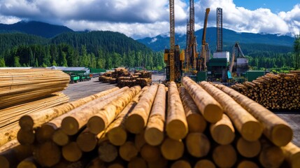 Obraz premium A pile of logs is being cut down by a large yellow machine
