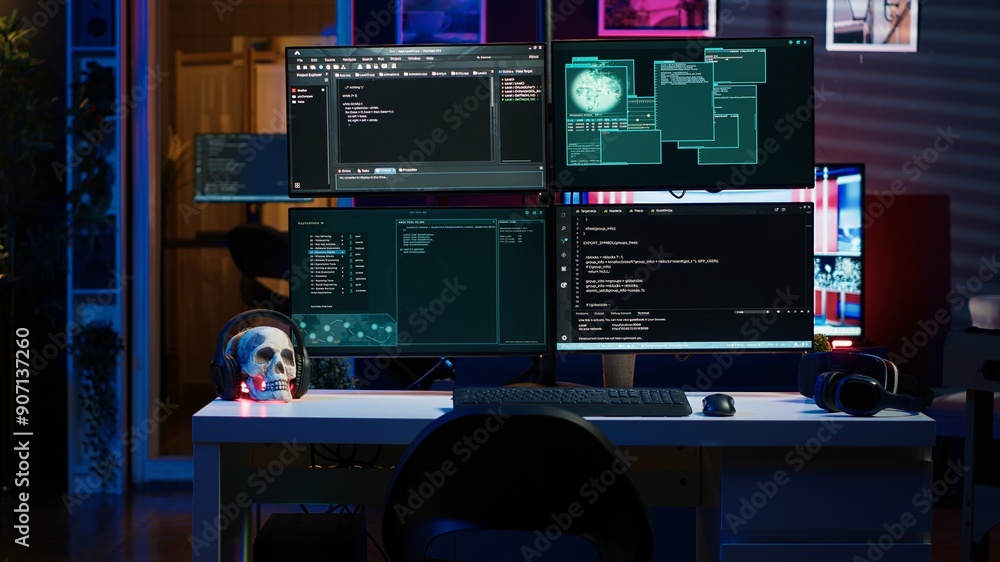 Poster lines of code running on pc in empty hidden apartment, used by hacker to steal data by targeting unp