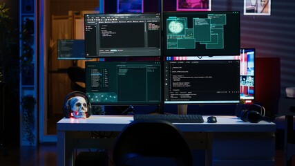 Lines of code running on PC in empty hidden apartment, used by hacker to steal data by targeting...