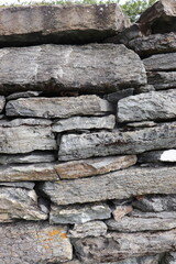 Fototapeta premium Gray stone blocks with soil and plants.