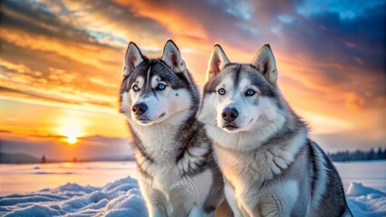 Fototapeta premium Majestic pair of Siberian huskies stand back to back, their thick gray and white coats glistening in the snow-covered Arctic wilderness landscape at dawn.