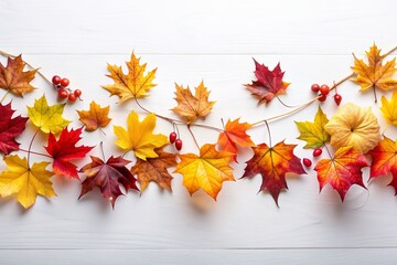 Vibrant horizontal garland featuring a mix of red, orange, brown, and yellow autumn leaves scattered beautifully against a clean, crisp white background.
