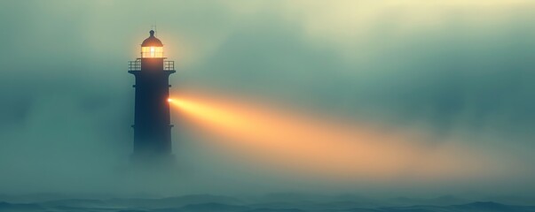 A serene lighthouse cuts through the fog, casting a warm beam of light over the turbulent ocean, symbolizing hope and guidance.