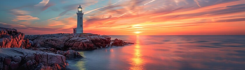 Fototapeta premium A serene lighthouse stands against a vibrant sunset, illuminating rocky shores and calm waters, perfect for coastal scenery lovers.