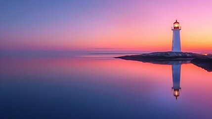 Fototapeta premium A serene lighthouse stands silhouetted against a vibrant twilight sky, reflecting beautifully in calm waters, perfect for tranquil scenes.