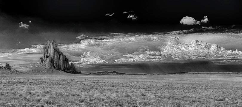 Shiprock and Storm Clouds Black and White HDR