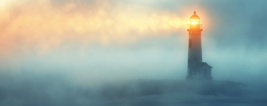 A serene lighthouse emerges from the fog, casting a guiding light over a tranquil ocean at dawn.