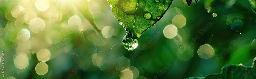 Poster raindrop hanging from leaf with vibrant greenery surrounding it in natural setting