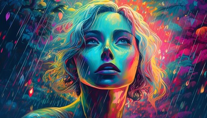 Fototapeta premium Psychadelic theme. Woman in the rain 