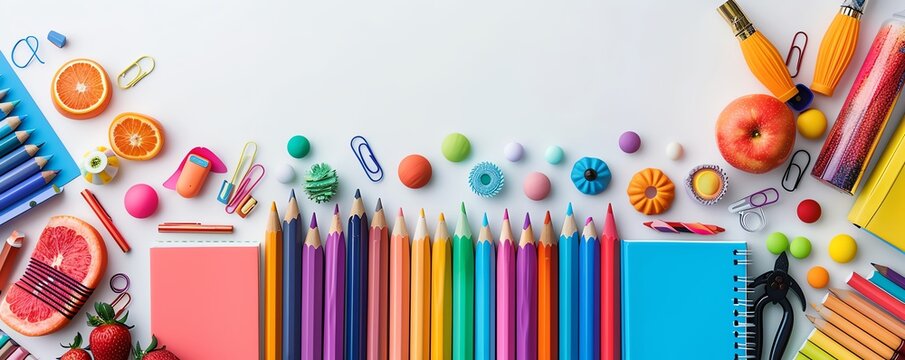 A vibrant collection of school supplies, including colorful pencils, notebooks, and playful stationery items, arranged creatively.