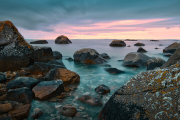 Beautiful coastal landscape scenery, rocky coast of wild Atlantic way, Teachmor east bay Beach at sunset, nature background, wallpaper, long exposure,