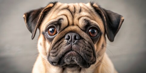 Adorable pug with a melancholic expression, its large brown eyes gazing directly into the camera, conveying a sense of innocence and vulnerability.