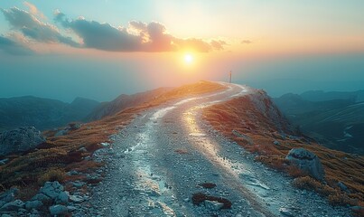Naklejka premium A road leads to a flag atop a mountain, symbolizing the achievement of business goals.