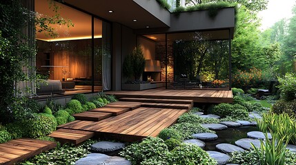 Beautiful of modern terrace with wood deck flooring and fence, green potted flowers plants and outdoors furniture. Cozy relaxing area at home. Sunny stylish balcony terrace in the city	