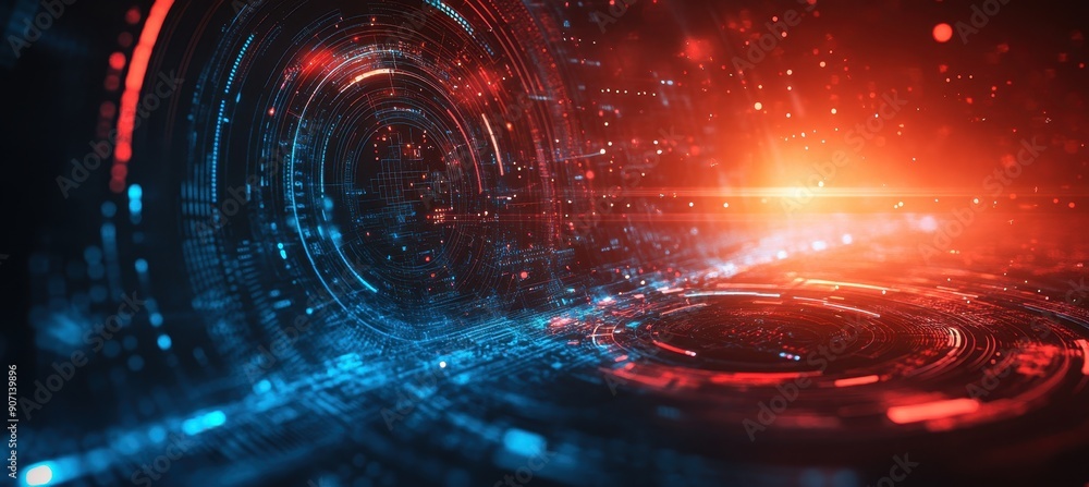 Poster abstract digital background with futuristic circular shapes and lines in red and blue colors, repres
