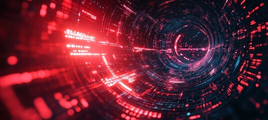Obraz premium Abstract digital background with futuristic technology elements, including circular shapes and red colors, representing the concept of AI innovation in data science