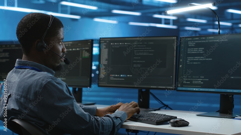 Poster it support worker remotely collaborating with experts to fix servers providing computing resources f