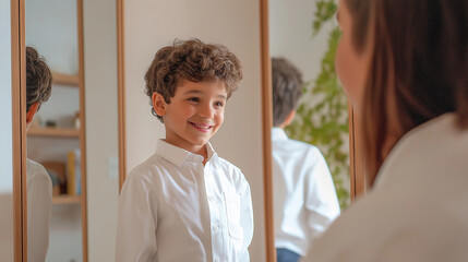 Obraz premium A parent helps their child try on a new school uniform in front of a mirror, reflecting smiles and readiness, side view, right third copy space. Harmony, Love and Friendship, worki