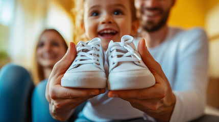 Obraz premium A child holds up a new pair of school shoes with excitement, as parents look on fondly, close-up, right third copy space. Love and Friendship, Care, working for the benefit of soci