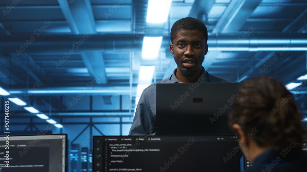 Poster portrait of happy manager supervising server rows in computer network security data center. smiling 