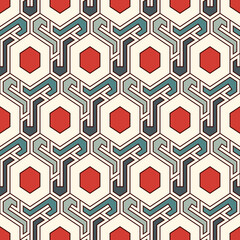 Honeycomb seamless pattern. Hexagon mosaic tiles ornament. Ethnic surface print. Repeated geometric figures background. Ornamental wallpaper. Modern geo design digital paper.