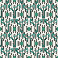 Honeycomb seamless pattern. Hexagon mosaic tiles ornament. Ethnic surface print. Repeated geometric figures background. Ornamental wallpaper. Modern geo design digital paper.