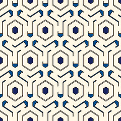 Honeycomb seamless pattern. Hexagon mosaic tiles ornament. Ethnic surface print. Repeated geometric figures background. Ornamental wallpaper. Modern geo design