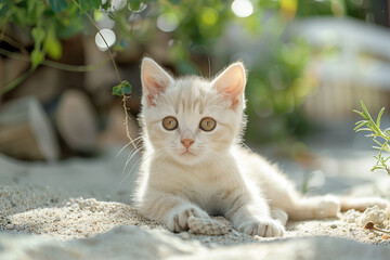Obraz premium Cute white kitten on sandy lawn