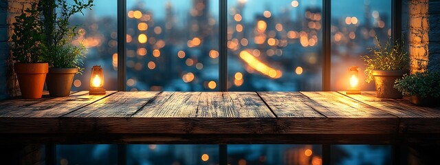 Obraz premium Wooden Table with Blurred City Lights Background 