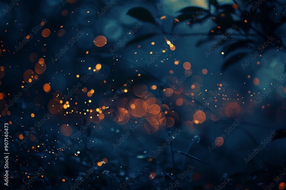 Poster a forest filled with lots of yellow fireflies, cluster of fireflies leading the way through a dark f