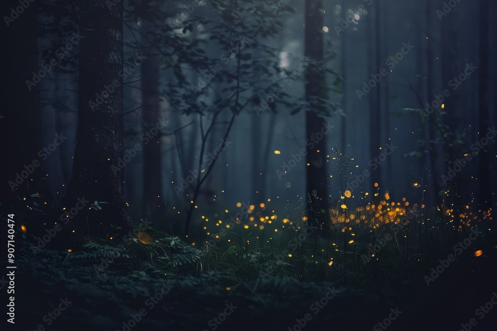 Poster a forest filled with lots of yellow fireflies, cluster of fireflies leading the way through a dark f