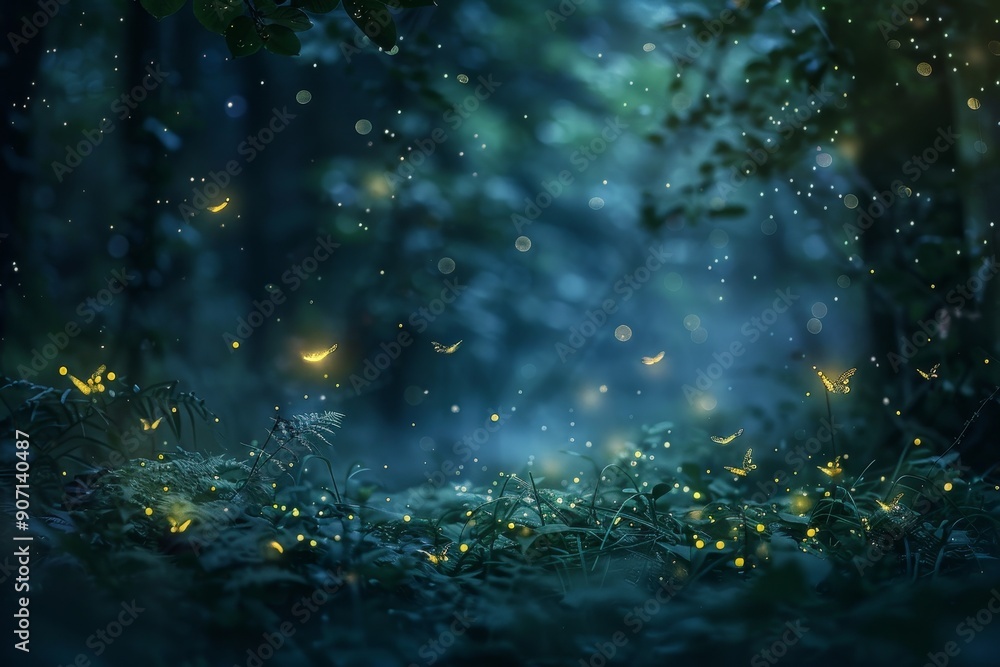 Poster a forest filled with lots of yellow fireflies, cluster of fireflies leading the way through a dark f