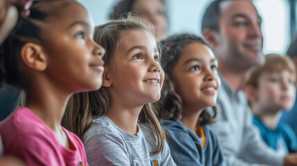 A family attends a school orientation, with parents and children listening attentively to a teacher, group shot, left third copy space. Knowledge, Harmony, working for the benefit