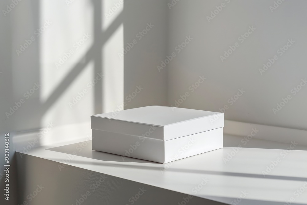 Aufkleber this captures a white box resting on a sun-drenched ledge indoors, featuring strong shadows and ligh