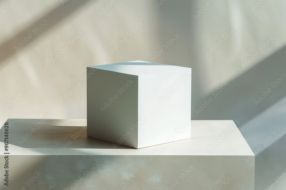 Poster this image shows a minimalist white cube casting soft shadows on a platform, representing purity, cl