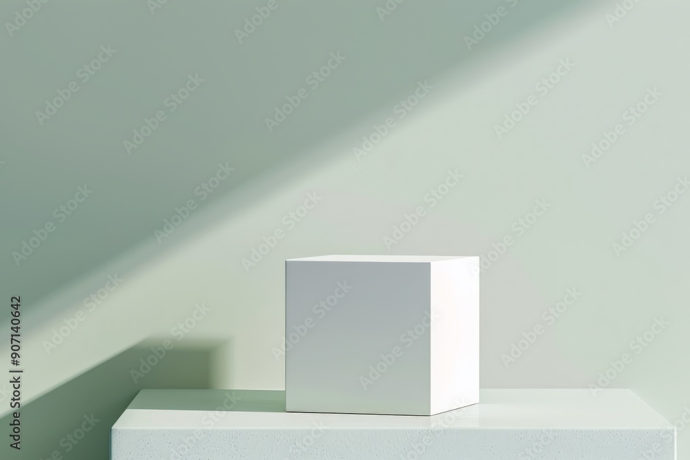 Aufkleber A white cube is placed on a green base with a sharp shadow cast, representing the interplay of light and geometry in a minimalist and modern composition.