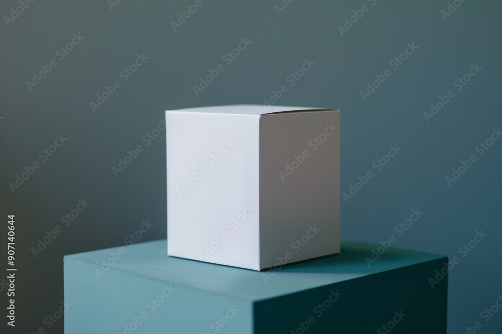 Leinwandbilder A minimalist image showing a white cube placed atop a teal platform, capturing the simplicity and elegance of geometric shapes with soft lighting and subtle shadows.