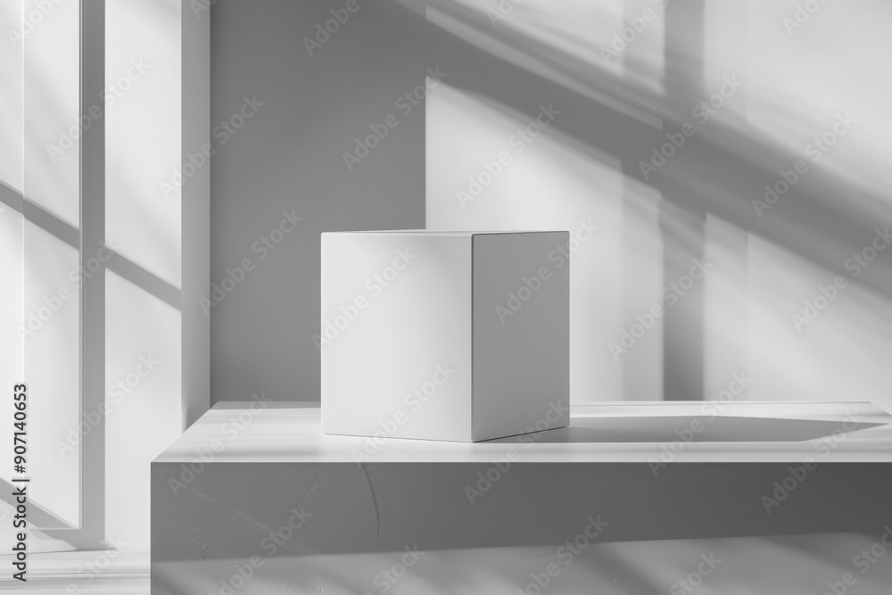 Fototapete a white cube is depicted in a monochromatic space with serene shadows, emphasizing the simplicity an