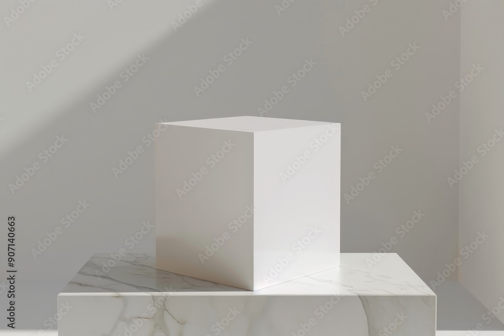 Fototapete a white cube sits atop a marble platform, highlighted by soft natural light, creating an elegant and