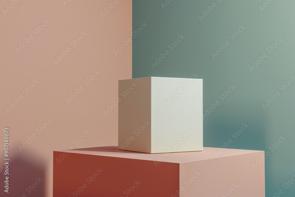 Poster a dual-toned white and peach cube is positioned in a geometric and minimalist composition against a 