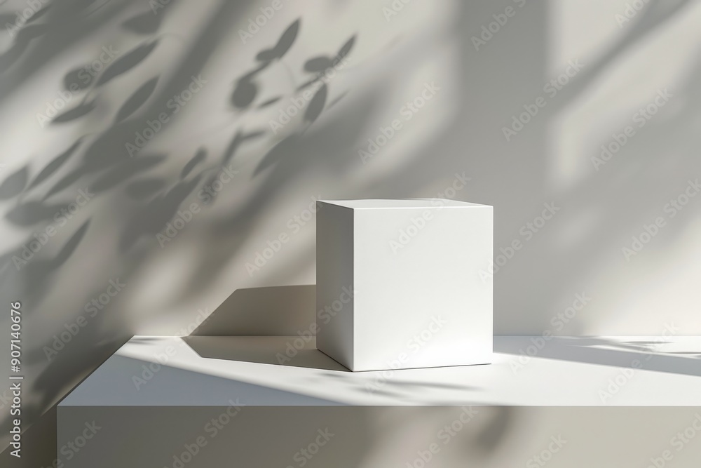 Aufkleber A minimalistic image featuring a white cube placed against a subtle play of light and shadows from foliage, creating a harmonious blend of simplicity and nature's elements.