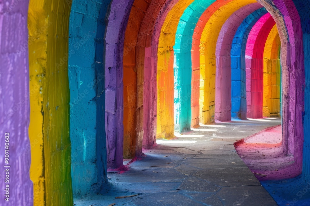 Poster a colorful archway with a light at the end, colorful rainbow with vibrant arcs, symbolizing diversit