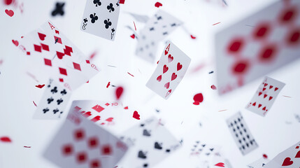 a collection of playing cards scattered and suspended in mid-air against a white background. Various suits, including hearts, clubs, spades, and diamonds, are visible