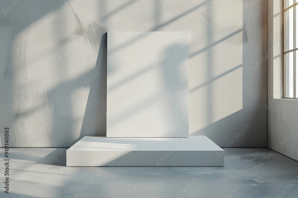 Poster a bright blank white canvas rests atop a pedestal in a room illuminated by natural light and shadows