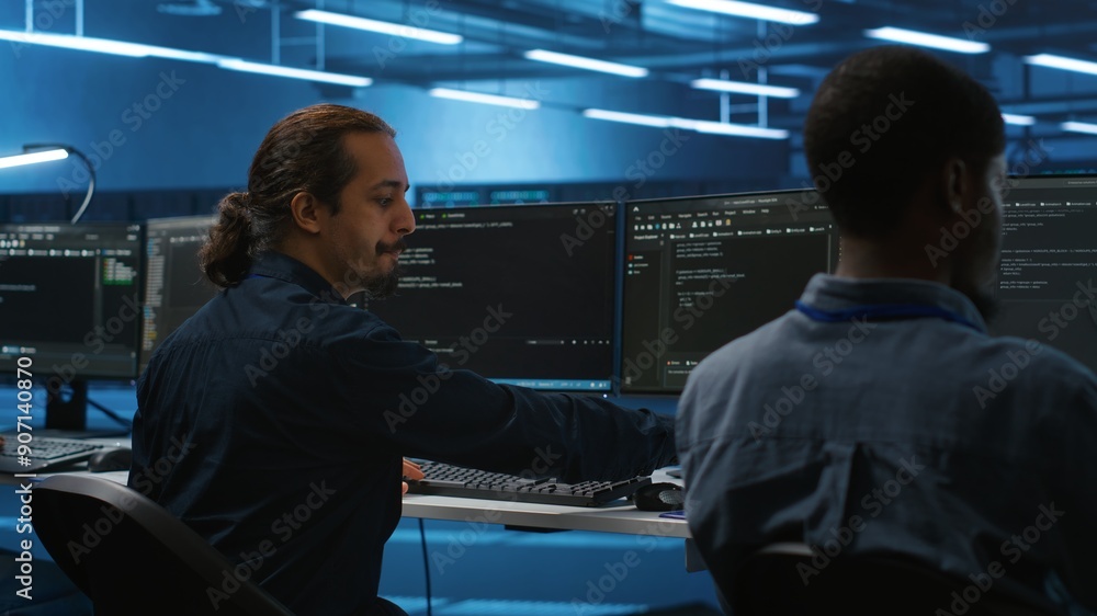 Poster manager overseeing server room and drinking coffee while running code on pc, troubleshooting hardwar