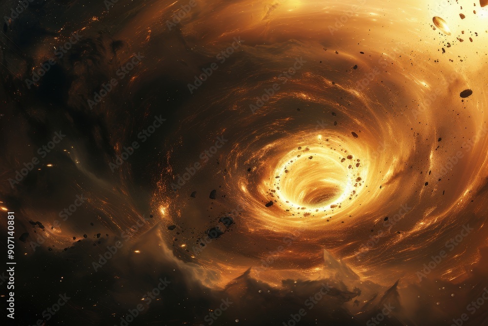 Poster a spiral shaped object in the sky, cosmic whirlpool pulling celestial bodies into its abyss