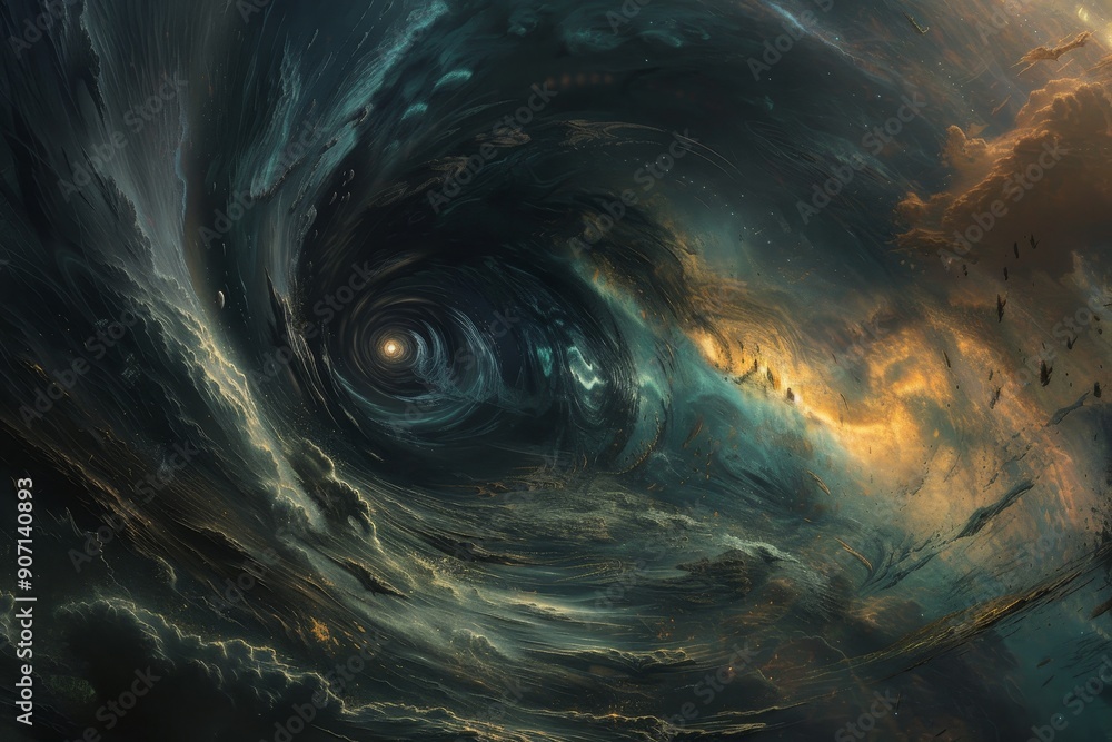 Poster a spiral shaped object in the sky, cosmic whirlpool pulling celestial bodies into its abyss