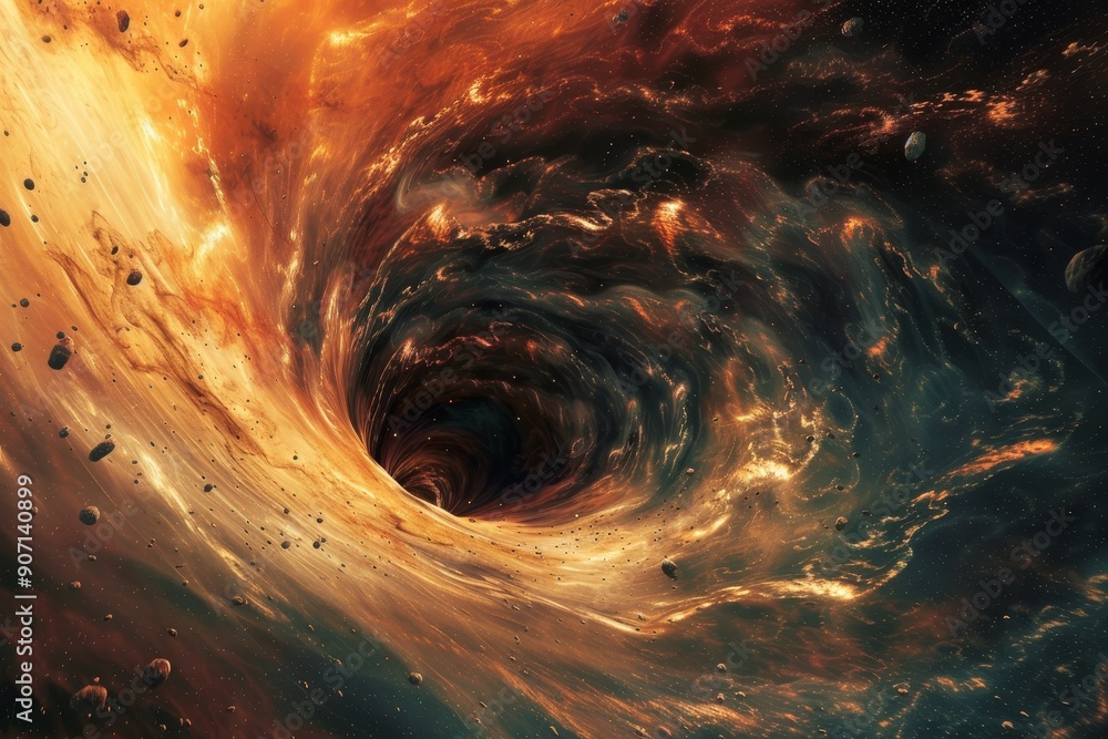 Poster a spiral shaped object in the sky, cosmic whirlpool pulling celestial bodies into its abyss
