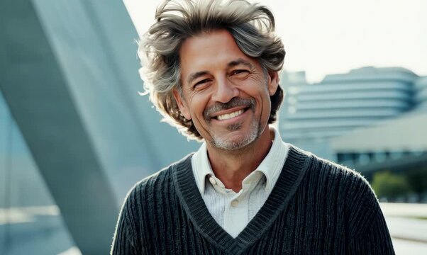 Medium shot portrait video of a satisfied Brazilian man in his 40s wearing a chic cardigan against a modern architectural background 