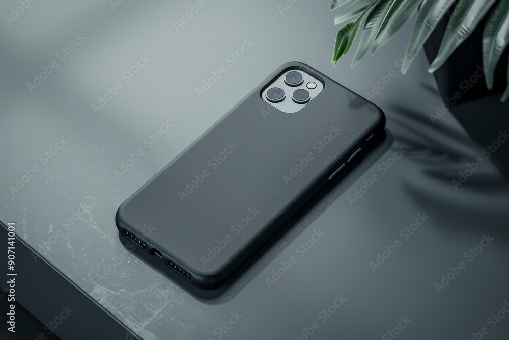 Aufkleber A sleek, modern smartphone with a triple camera setup neatly placed on a smooth desk surface, complemented by a minimalist interior setting.
